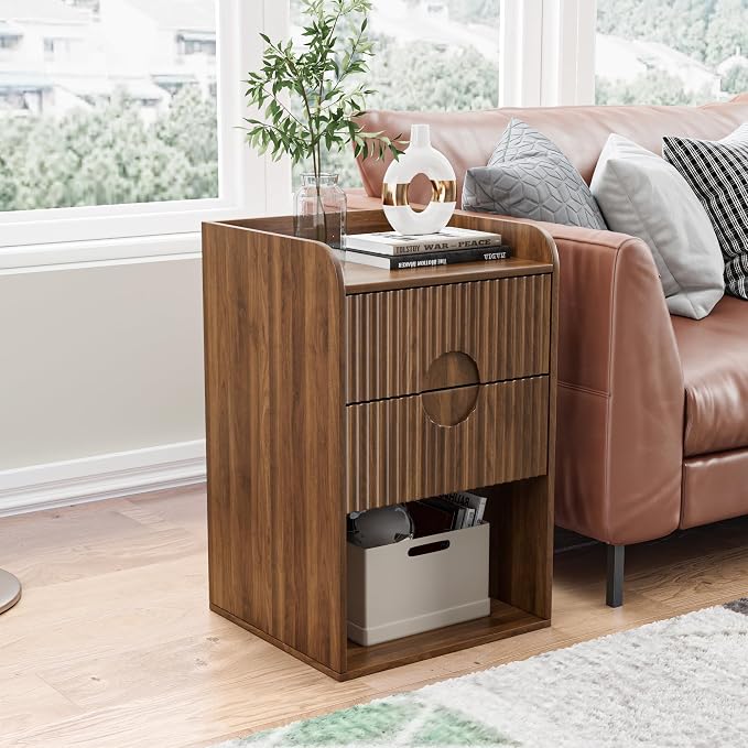 Fluted Nightstand Set of 2, Small Night Stand Table with Drawer, Wood Side Table with Storage, Boho Mid Century Modern Vintage Bedside Table, Walnut End Table for Bedroom - Image 4