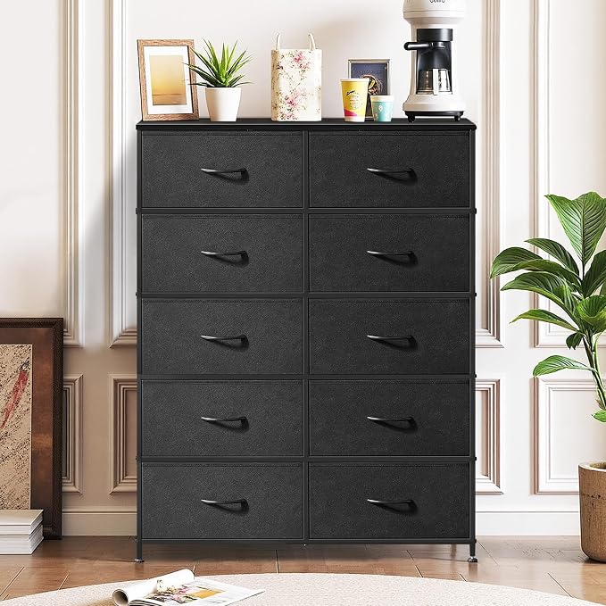 10-Drawer Dresser for Bedroom, Anti-Tip Tall Storage Organizer Chest of Drawers with Wooden Top and Metal Frame Fabric Bins for Closet, Living Room, Hallway, Entryway, Black - Image 2