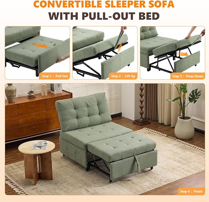 VINGLI Convertible Sofa Bed Tufted Teddy Fleece Sleeper Chair Bed Couch Armless Living Room Chairs with Adjustable Backrest Pull Out Couch Bed for Small Spaces | Armless Sofa Bed