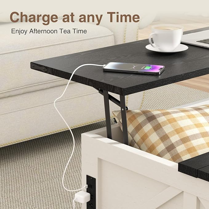 Coffee Table with Storage, Farmhouse Lift Top Wood Square Center Table with Charging Station, Rustic Cocktail Tables with Flip Top Lids for Living Room, Home Office, 35.4" W, White
