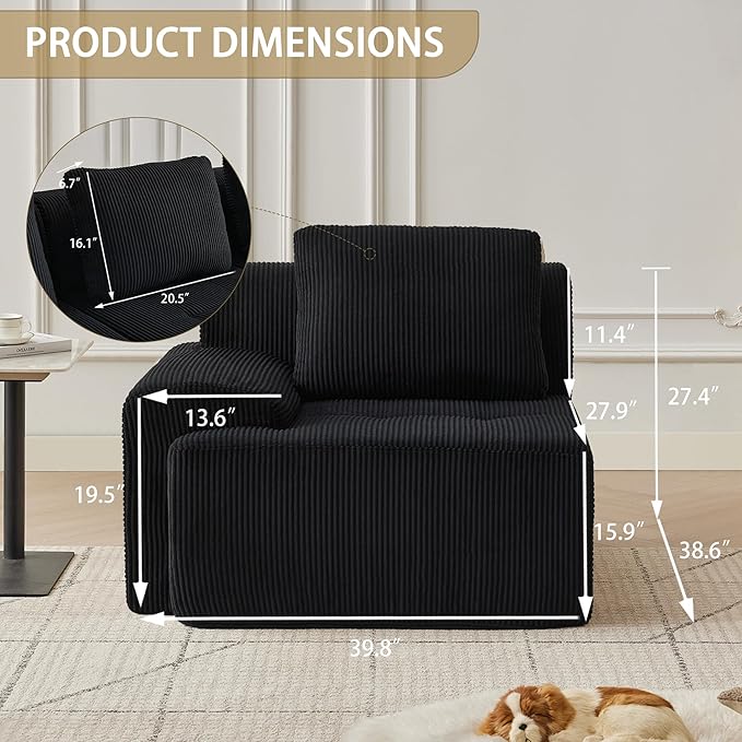 Modular Sectional Sofa with Movable Ottoman, 1 Seat Deep Seat Couch with 1 Pillow, Comfy Cloud Sectional Sofa for Living Room, Bedroom and Apartment (Black, 1 Left)