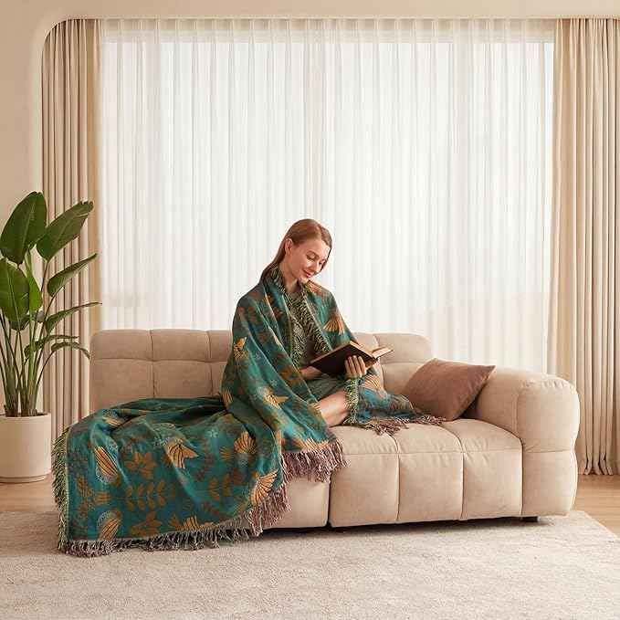 Boho Throw Blanket - 100% Cotton Soft Throw Blanket for Bed, 60"x80" Reversible Breathable Lightweight Spring Blankets, All Seasons Farmhouse Decor Floral Plant Throw Quilt
