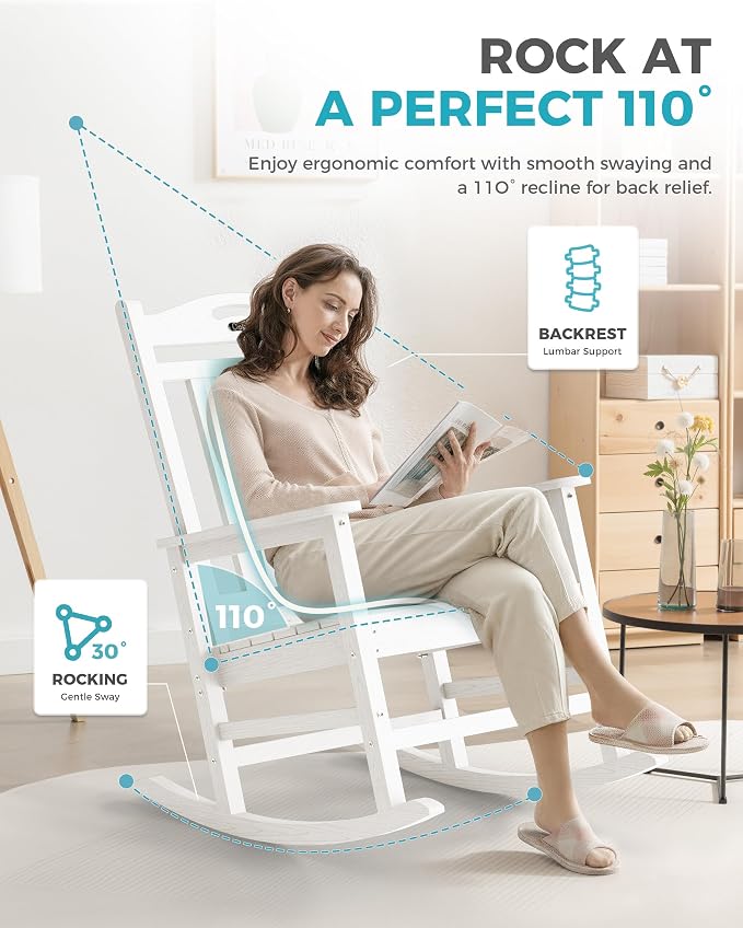Ciokea Oversized Outdoor Rocking Chairs Set of 6, 380lbs Heavy-Duty Large Patio Rocker, High Back Cozy Porch Chairs, Weather Resistant Patio Rocking Chairs for Outside, Fire Pit, Deck, White - Image 5