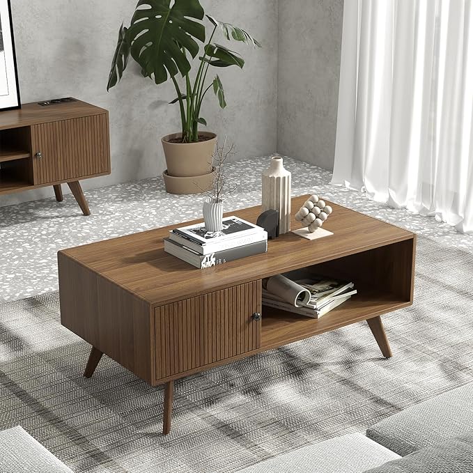 Manora Mid Century Modern Coffee Table with Storage Cabinet and Open Shelf, Wooden Living Room Table with Fluted Drawer and Solid Wood Legs, Walnut Finish Center Table for Small Spaces