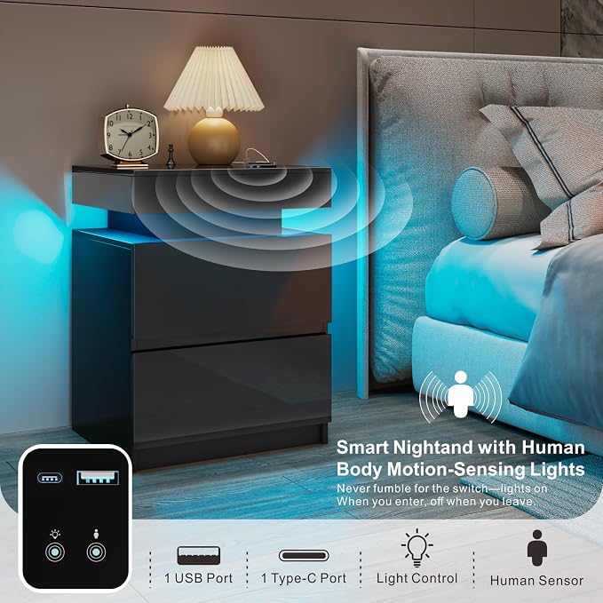 LED Nightstand - Bedside Table with Charging Station and 2 Shiny Surface Drawers Sliding Top with Magnetic Lock - Modern Night Stand for Bedroom & Living Room - Black - Image 4