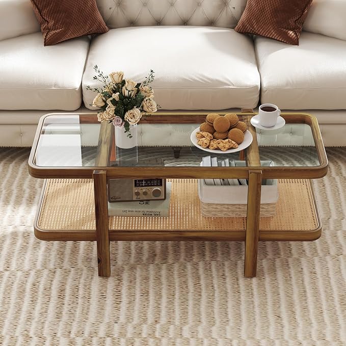Giantex Rattan Coffee Table, 47.5" Rectangle Solid Wood Tea Table w/Tempered Glass Tabletop, Rattan Storage Shelf, 2-Tier Boho Coffee Tables, Farmhouse Center Table for Living Room (Oak)