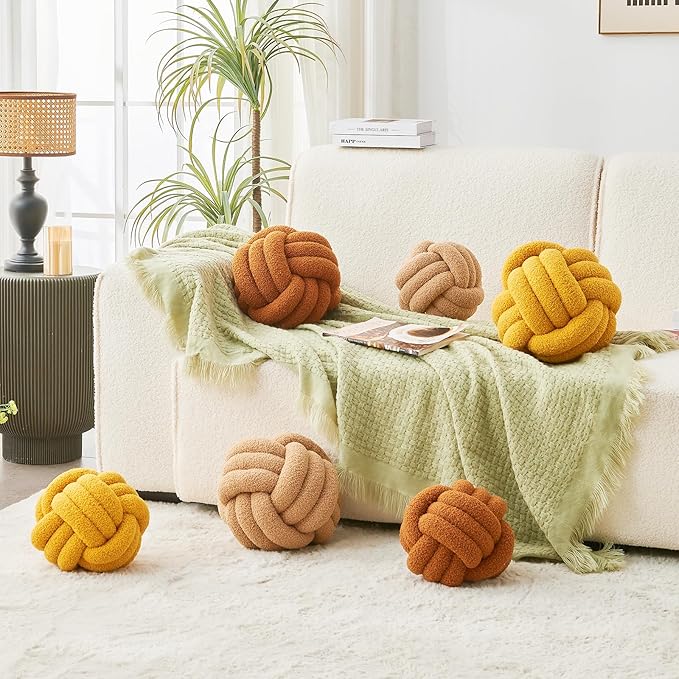 LUSJNGE Decorative Throw Knot Pillow Ball for Home Chair Sofa Couch Bed Aesthetic Round Decor Pillows Lambswool Knotted Pillow Cushion (Beige, 13 inches)