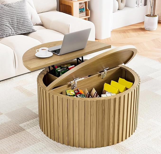 Fluted Lift Top Coffee Table with Storage, 31.5'' Farmhouse Round Coffee Tables for Living Room, Modern Wood Center Tables with Hidden Compartment for Home, Office (Wood Color)