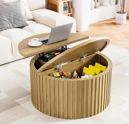 Fluted Lift Top Coffee Table with Storage, 31.5'' Farmhouse Round Coffee Tables for Living Room, Modern Wood Center Tables with Hidden Compartment for Home, Office (Wood Color)