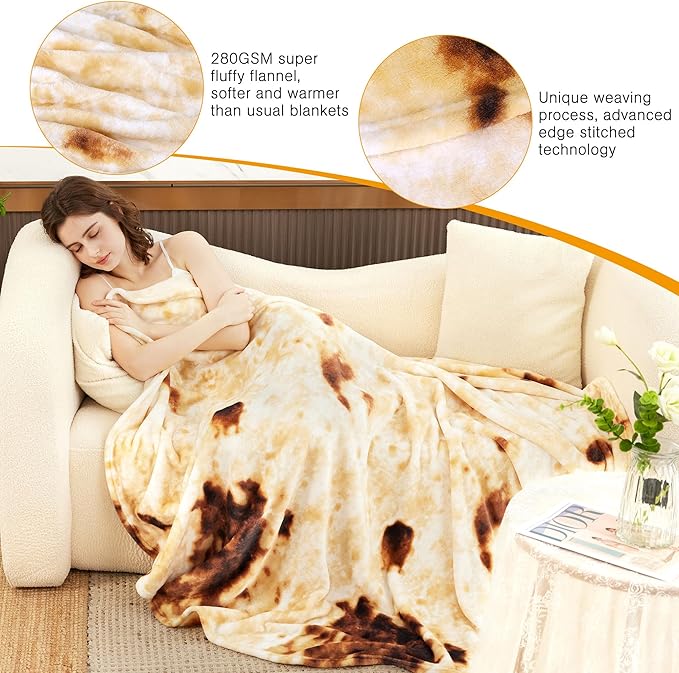 LetsFunny Burrito Tortilla Throw Blanket, 71in Double Sided Burritos Taco Tortilla Wrap Blankets for Adults Kids, Giant Funny Realistic Food Blankets, Soft Flannel Round Throw Blanket