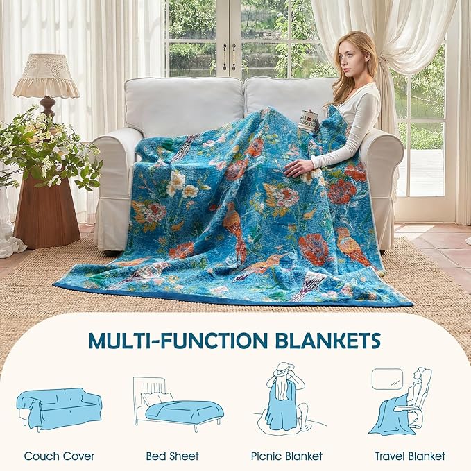 Boho Throw Blanket - 100% Cotton Ultra Soft Muslin Blanket, 60"x80" Lightweight Floral Bird Printed Framhouse Bedding Spring Blanket for Bed, All Season Blue Bohemian Bedroom Home Decor Quilt