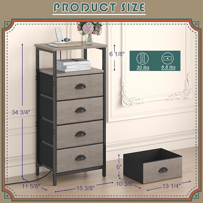 sthmec Nightstand with Charging Station,LED Grey Nightstand with 4 Fabric Drawers, Bedside End Tables, 2-Tier Open Storage Shelf Side Table Nightstand with Drawers for Bedroom,Grey - Image 3