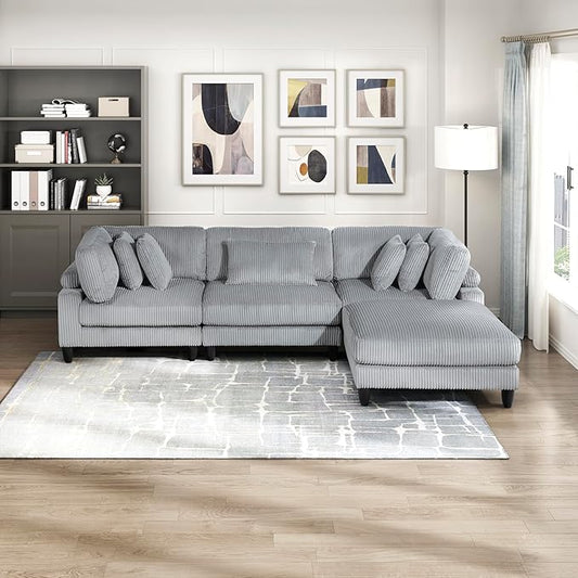 Lexicon 120 Inch Modular Sectional Sofa - Oversized 4 Seater Corduroy L Shaped Sectional Couch with Ottoman, 5 Accent Pillows, and Flexible Arrangement for Modern Living Rooms, Gray