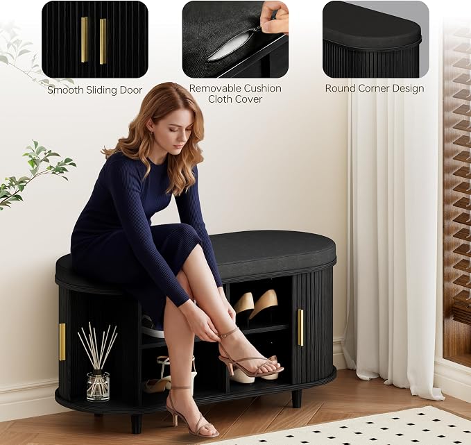 DHH 2-Tier Storage Bench,Wide Shoe Bench with Thickened Padded Seat Cushion, Mid Century Modern Fluted Sliding Door and Adjustable Shelf, for Entryway, Living Room, Bedroom (Black, 35.4“) - Image 7