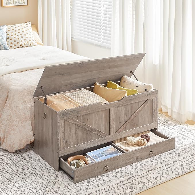 HOOBRO Storage Chest, 43.3" Toy Chest with Drawer, Wooden Storage Bench, Sturdy Entryway Bench Supports 220 lb, Shoe Bench, Safety Hinge, U-Shaped Opening, Easy Assembly, Greige BG711CW01G1 - Image 4