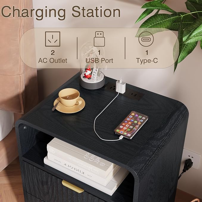 Black Nightstand Set of 2, Nightstands with Charging Station, Narrow Bedside Table with Drawers, Fluted Nightstand for Bedroom - Image 6