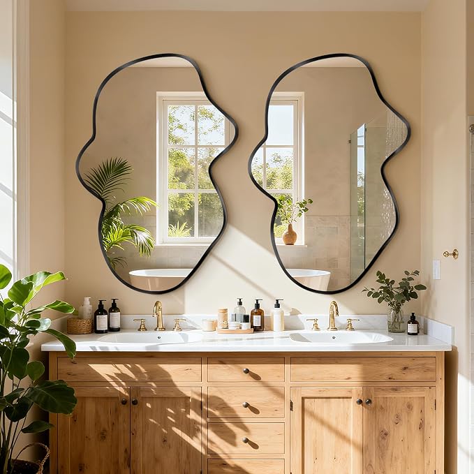 Irregular Wall Mirror, Black Bathroom Wavy Abstract Mirror for Over Sink, Decorative Cloud-Shaped Wall Mirror, Stylish Shatter-Proof HD Mirror for Bedroom, Entryway (26"x43", L, 2 Pack) by Fahomissenjoylifeincomfort