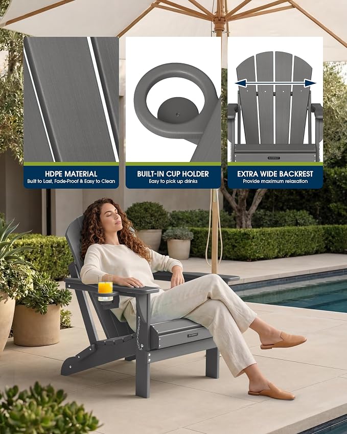 MUCHENGHY Folding Adirondack Chairs Set of 2 HDPE Weather Resistant, Patio Firepit Chairs, Sturdy Outside Chairs, Lawn Chairs, 15min Assembly 380lb Grey - Image 8