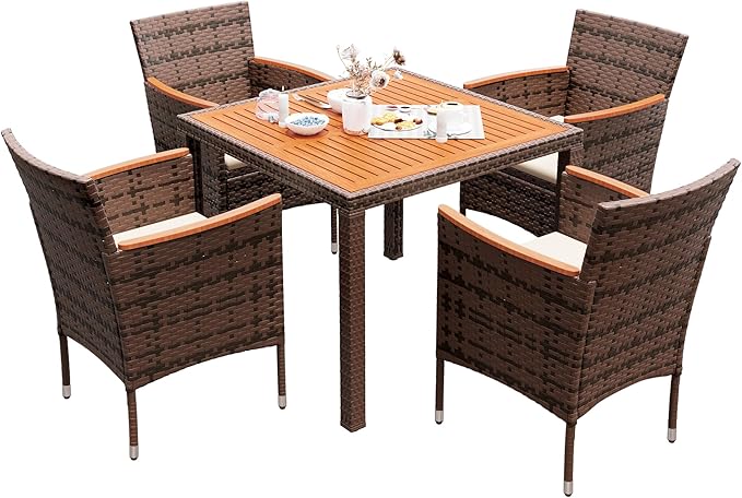 Devoko 5 PCS Furniture, Patio Conversation Set with Acacia Wood Top, Rattan Outdoor Dining Table and Chairs for Backyard, Garden, Deck, Brown by DEVOKO