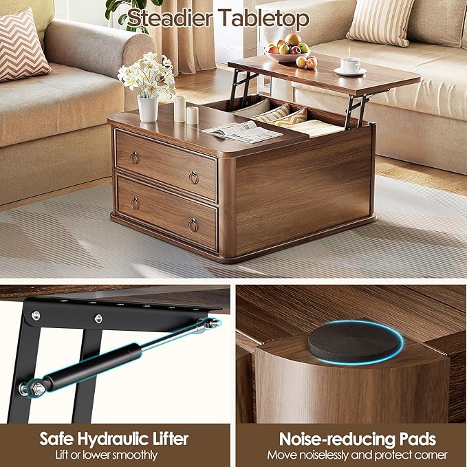 31.5" Lift Top Coffee Table with Storage,Square Coffee Tables with Lifting top for Living Room,Farmhouse Coffee Table with Large Drawers and 2 Hidden Compartment,Walnut
