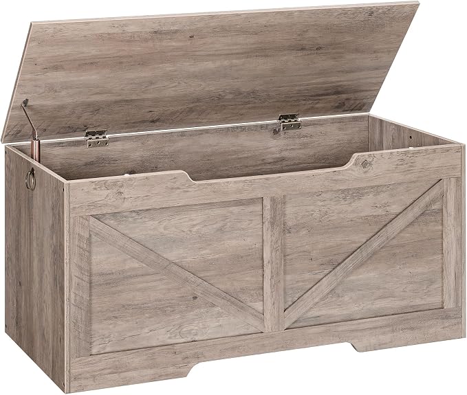 HOOBRO Storage Bench, 43.3” Retro Wooden Storage Chest with U-Shaped Cut-Out Pull, Safety Hinge, Supports 220 lb and Easy Assembly for Toy Box Organizer (Greige) BG772CW01 by HOOBRO