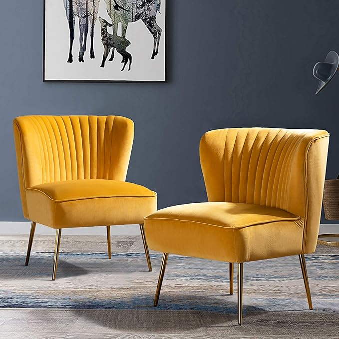 HULALA HOME 3 Piece Velvet Living Room Furniture Set, Modern Comfy Upholstered Chair Set with Golden Legs, include Loveseat & 2 Accent Chairs for Bedroom, MUSTARD Tufted 2-Seater Sofa & Armless Chairs