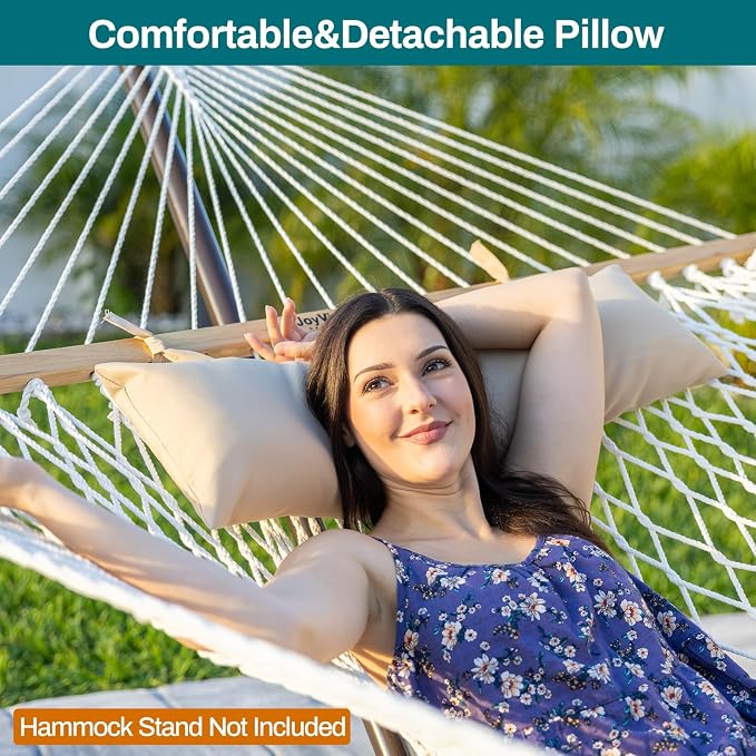 JoyView Traditional Rope Double Hammock - Hand Woven Cotton Hammock with Hardwood Spreader Bar and Pillow 450lb Capacity for Outdoor Indoor Patio Yard - Blue - Image 4