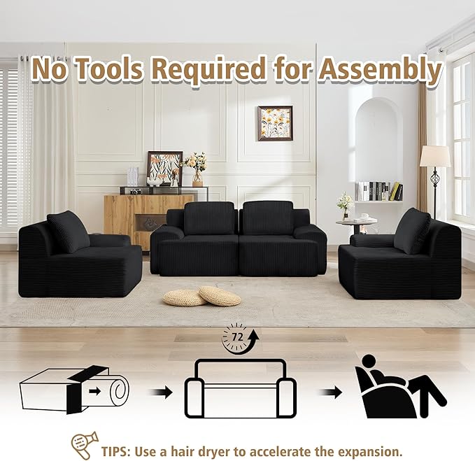 KIGOTY Modular Sectional Sofa, 4 PCS Comfy Cloud Sectional Couch with Deep Seat, Corner Sofas, Modern Boneless Couch for Living Room, No Assembly Required,Black