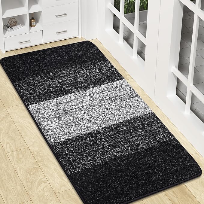 Kitinjoy Indoor Outdoor Door Mat, 47x20 Non-Slip Absorbent Dirt Trapper, Low-Profile Washable Inside Entrance Front Floor Mat, Sturdy Soft Entry Doormats for Entryway, Black by Kitinjoy