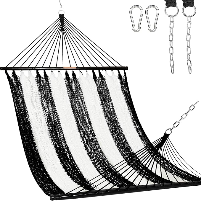 Lazy Daze Hammocks 10.5 FT Double 2 Person Caribbean Rope Hammock, Hand Woven Polyester Hammock with Spreader Bars, for Outside Outdoor Backyard Patio Poolside, 450 LBS Capacity, Black/White by LazyDazeHammocks