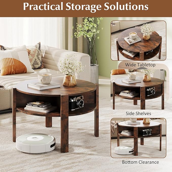 Tangkula Round Coffee Table, 29.5” 2-Tier Circle Cocktail Center Table with Storage Shelves, for Small Spaces, Living Room (Rustic Brown)