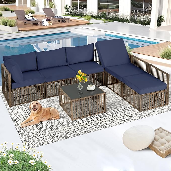 FHFO 7 Piece Patio Furniture Set, Outdoor Wicker Sectional Sofa Conversation Set Couch with Adjustable Backrest, Thick Cushion & Coffee Table for Garden, Porch, Poolside, Brown/Blue