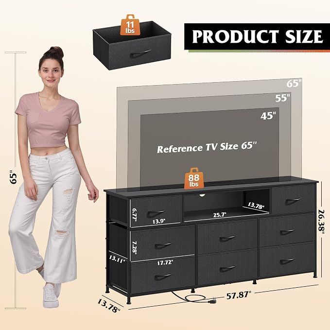 WLIVE Black Dresser TV Stand for 50, 55, 65 inch TV, Entertainment Center with LED Lights & Charging Station, Chest of Drawers with 8 Fabric Drawers and Open Shelves for Living Room, Hallway, Wood Top - Image 2