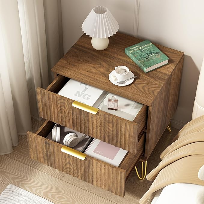 6 Drawer Dresser and Nightstand Sets for Bedroom, 3 Pcs Bedroom Set, Night Stand Set of 2 & 6 Drawer Dresser with Gold Handles, Modern Wood Chest of Drawers Storage Cabinet Set, Natural