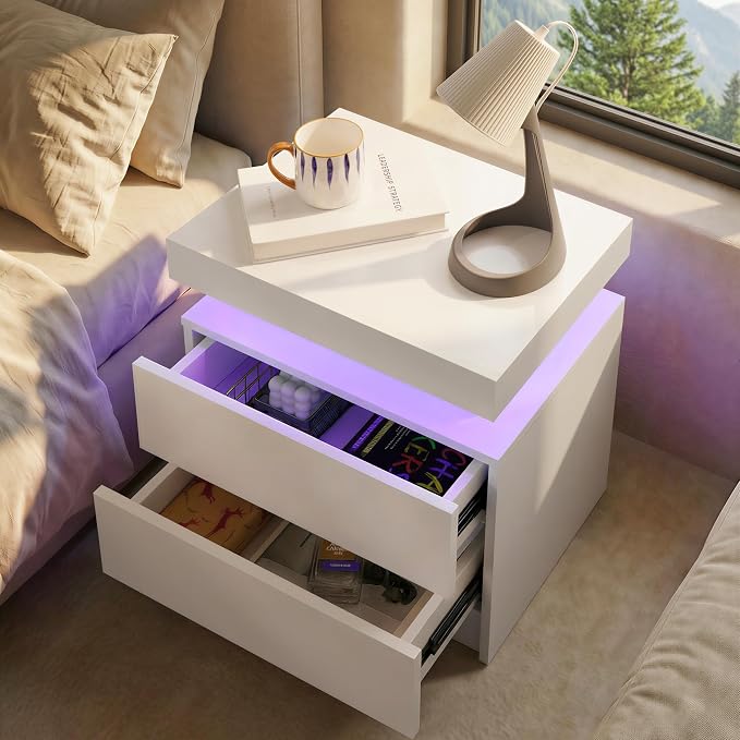 i-aplus LED Night Stand White Nightstand with 2 Drawers Modern Beside Table for Bedroom Side Bed Table with LED Lights - Image 4