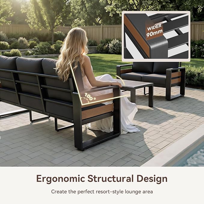 Aoxun Aluminum Outdoor Patio Furniture Set, 2 Seats Metal Sectional Patio Furniture, Modern Outside Sectional Set for Backyard, Armchair ×2, Dark Grey & Dark Grey