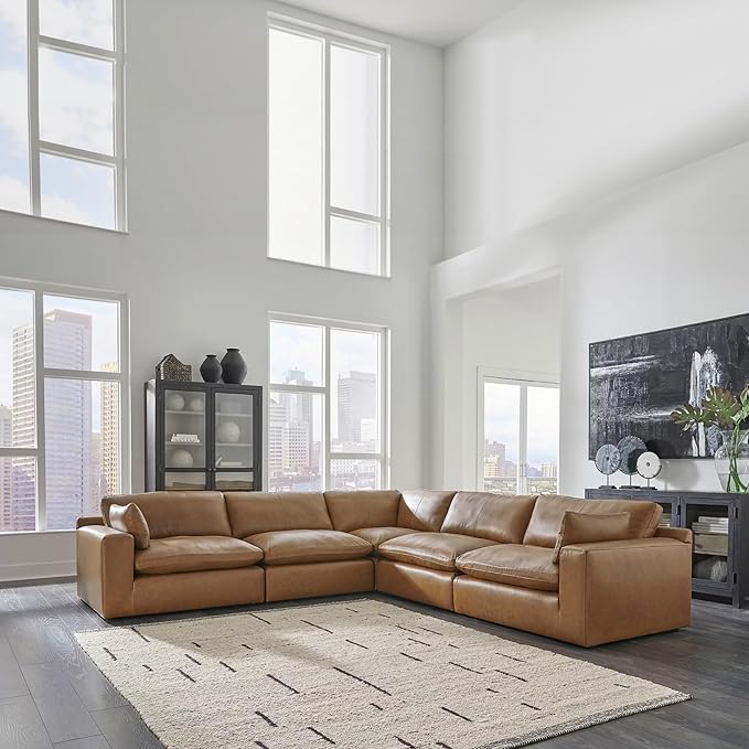 Signature Design by Ashley Emilia Modern Modular Leather Match 5-Piece Sectional with Loose Back Cushions and 2 Bolster Pillows, Light Brown