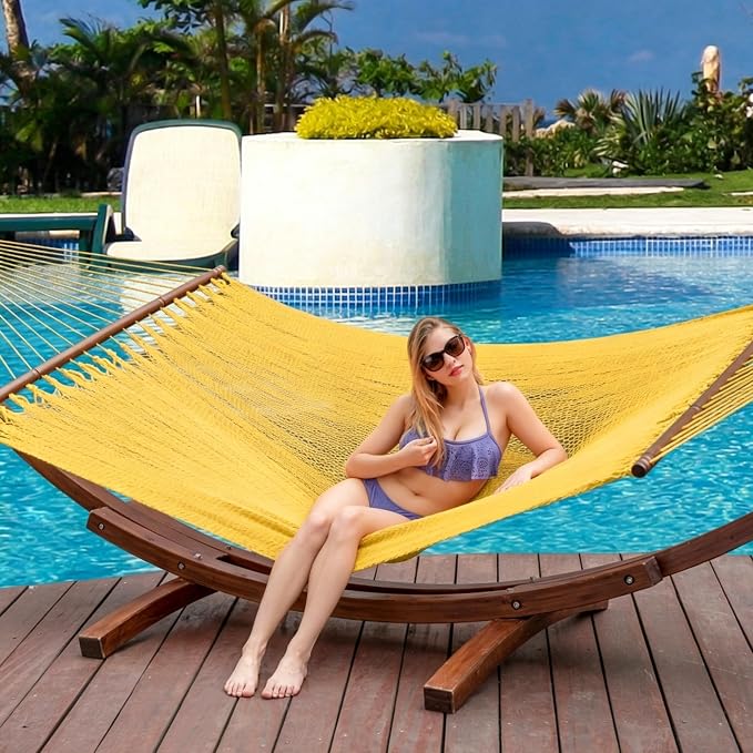 Lazy Daze Hammocks 10.5 FT Double 2 Person Caribbean Rope Hammock, Hand Woven Polyester Hammock with Spreader Bars, for Outside Outdoor Backyard Patio Poolside, 450 LBS Capacity, Yellow - Image 2