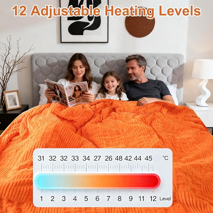 Eastsora Heated Blanket Electric King, 90"X100" Waffle Heating Blanket with 12 Heat Levels, Fast Heating Blanket with 1-12 Timer Settings, Overheat Protection with ETL & FCC for Home Office -Orange