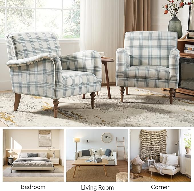 HULALA HOME Modern Accent Chair with Arms and Wooden Legs, Comfy Upholstered Armchair for Living Room, Bedroom (Plaid Pattern, Blue)