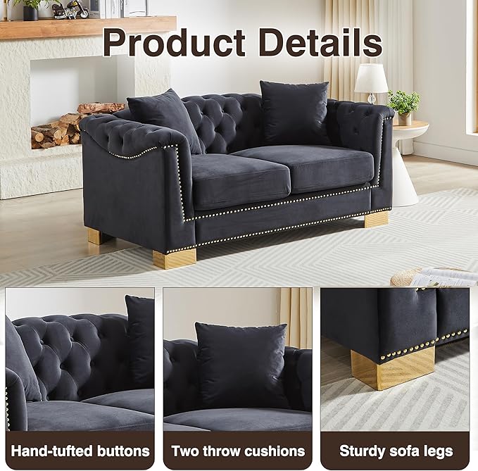 KEIKI 62" Chesterfield Sofa, Retro Style Upholstered 2 Seat Sofa, Rolled Arm Tucked-in Nailhead Decor Cloud Couch for Living Room Bedroom Office, Black