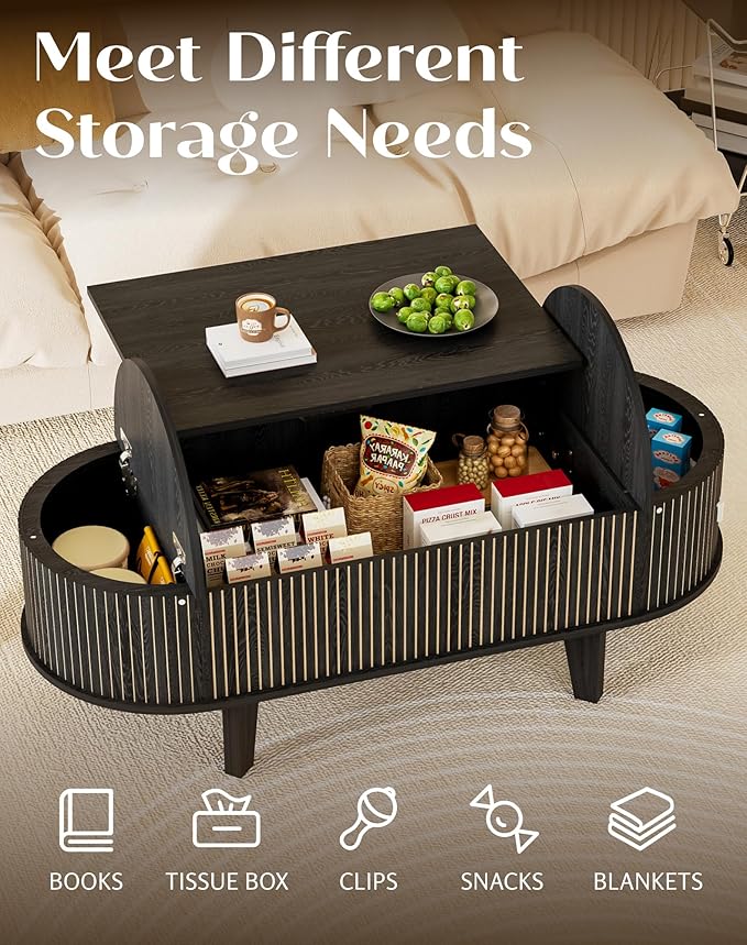 Oval Lift Top Coffee Table with Storage, Fluted 47" Wood Mid Century Modern Coffee Table for Living Room, Black