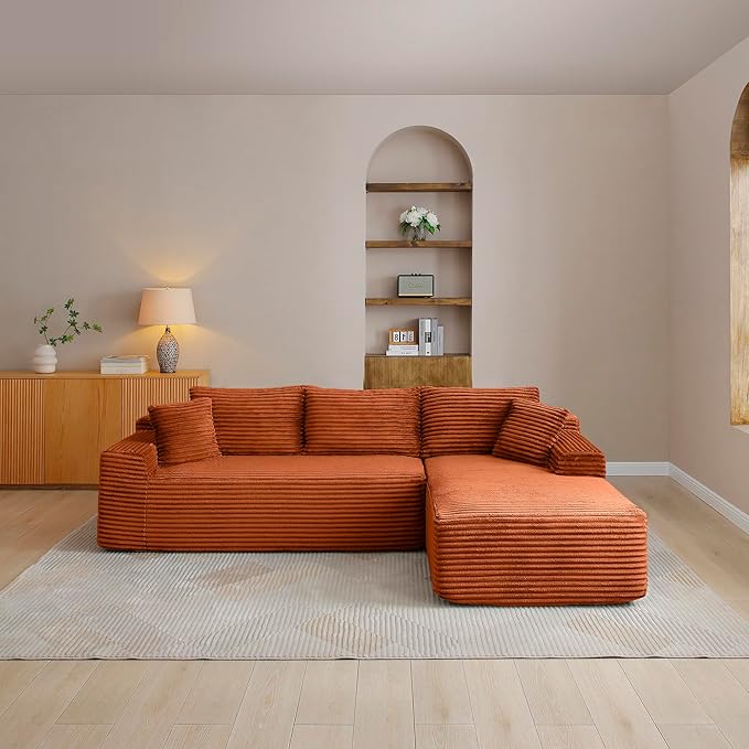 105-Inch L-Shaped Right Facing Corner Compressed Sofa Modular Sectional Boneless Cloud Sofa Floor Foam Couch with Chaise Lounge, Corduroy Corner Boneless Cloud Couch