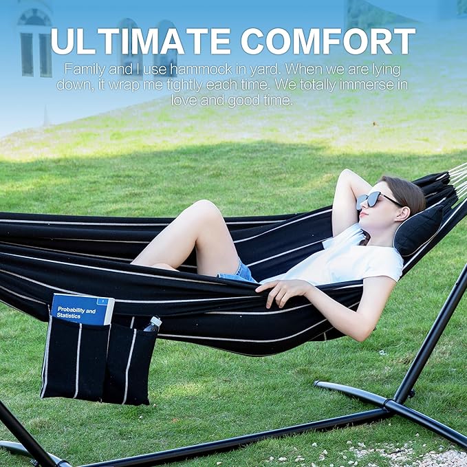 PNAEUT Double Hammocks with Stand for Outside, Portable Space Saving Heavy-Duty Steel Stand for Indoor Outdoor Patio with Carrying Bag, 450 lbs Capacity (Chasm) - Image 3