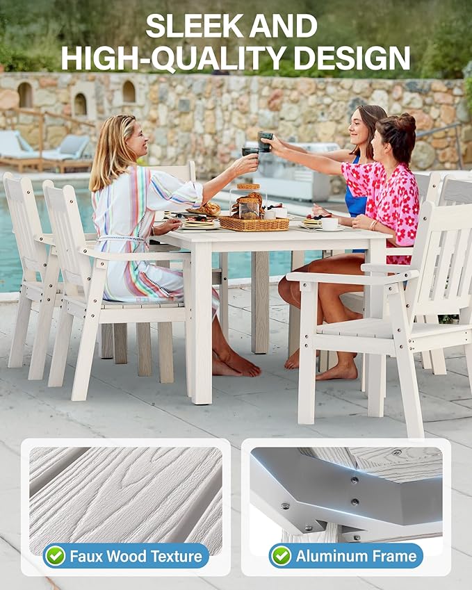 YEFU HIPS Patio Table Set: 7 Piece Outdoor Table and Chairs Dining Furniture Set with Umbrella Hole - White Modern Plastic Dining Sets 6 Person for Outside Deck with Metal Aluminum Frame - Image 4