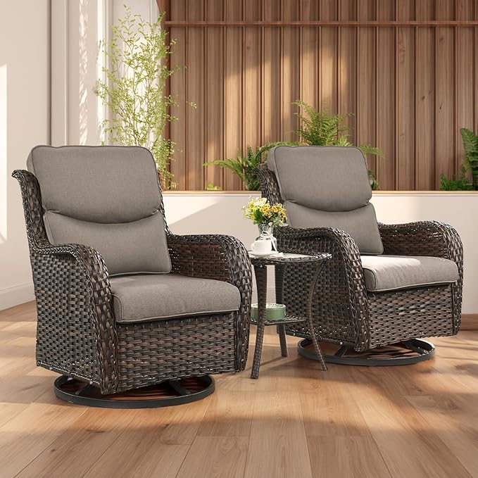 Rilyson Wicker Rocking Chair Swivel Chairs - 3 PC Rocker Patio Furniture Set Rattan Rocking Bistro Sets with Glass Top Side Table for Outdoor Porch Deck Garden Backyard (Brown/Grey/Smile)