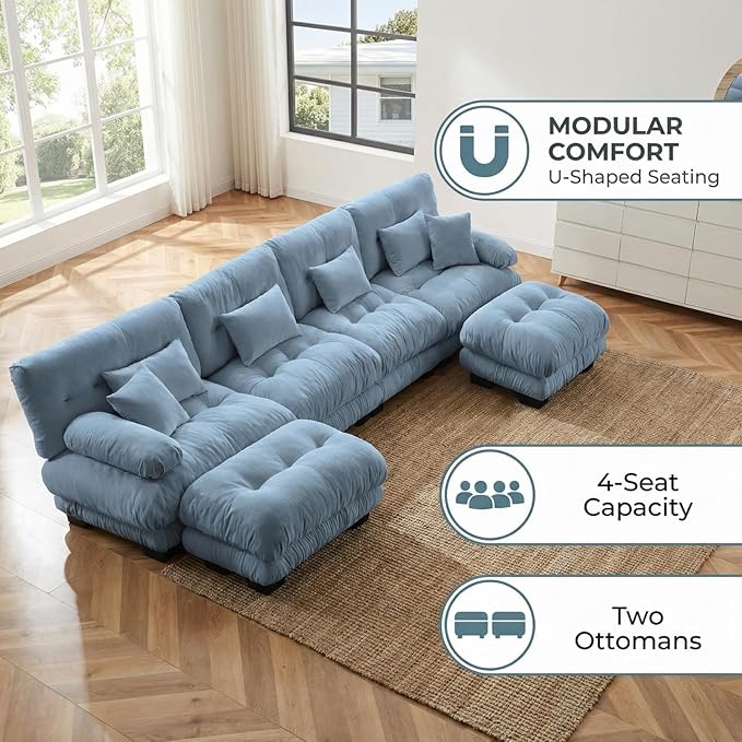 173.2" U-Shaped Cloud Couch, Oversized Modular Sectional Sofa, Deep Seat Cloud Boneless Couch, 4-Seat Modular Sectional Sofa with 2 Ottoman or Living Room,Bedroom and Apartment, Blue