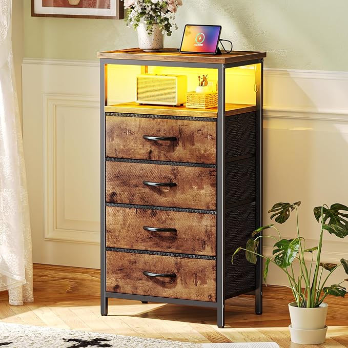 Huuger Night Stand with Charger Station and LED Lights, 4 Drawer Nightstand, Bed Side Table with Open Shelf, End Table, Fabric Dresser for Bedroom, Rustic Brown - Image 2