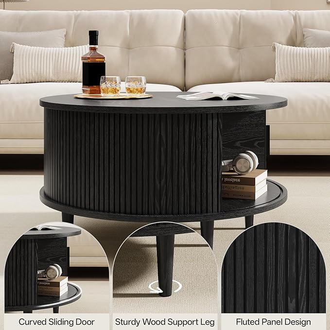 Round Coffee Table with Storage, Mid Century Modern Coffee Table, Fluted Dining Table with Sliding Door, Circle Coffee Table for Living Room Home Office, 31.5", Black