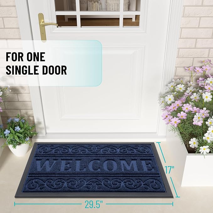 OLANLY Welcome Door Mat Indoor Outdoor Entrance, Heavy Duty Sturdy Front Door Mat, Waterproof All-Weather Doormat, Stain Resistant, Low Profile, Easy Clean Patio Entryway Mat, 29.5 x 17, Navy Blue - Image 2